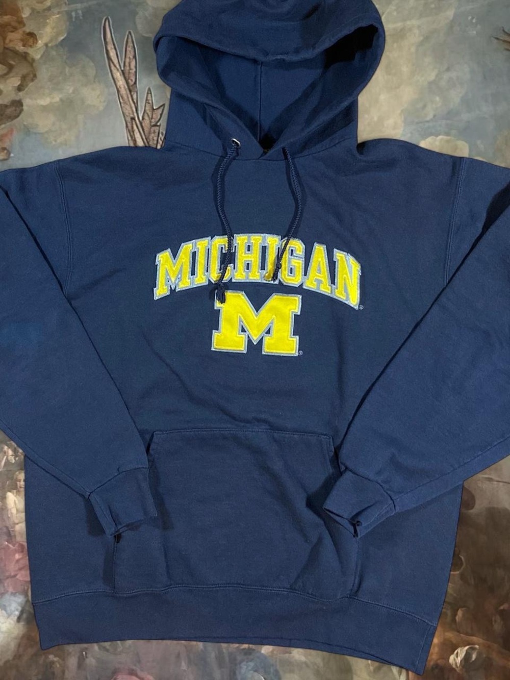 Champion Navy Blue Hoodie with Yellow Michigan Logo